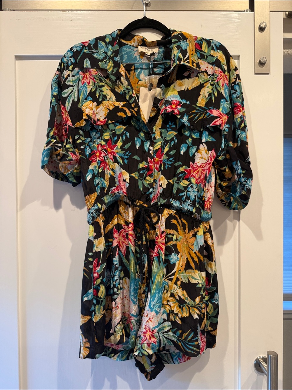 Elan Black Floral Short Sleeve Romper with Tropical Print size M